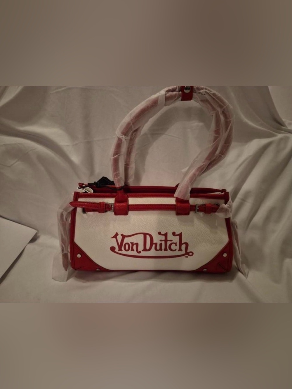 Von Dutch White and Red Logo Satchel